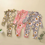 Macacão infantil com estampa de girassol Manga longa com babados Frontal com babados Zíper oculto Macacão para bebês recém-nascidos Roupas de primavera — foto 3