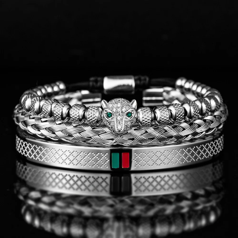 Conjunto de pulseira com cabeça de leopardo microincrustada em aço inoxidável. Adicione um toque selvagem e sofisticado ao seu visual diário. — foto 1