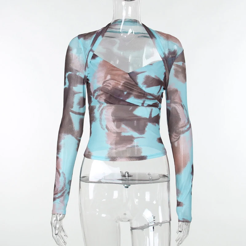 Top de malha torcida feminino Estilo Ins Tie-dye manga longa minimalista. Combine este top versátil e crie looks modernos e confortáveis para diversas ocasiões. — foto 1