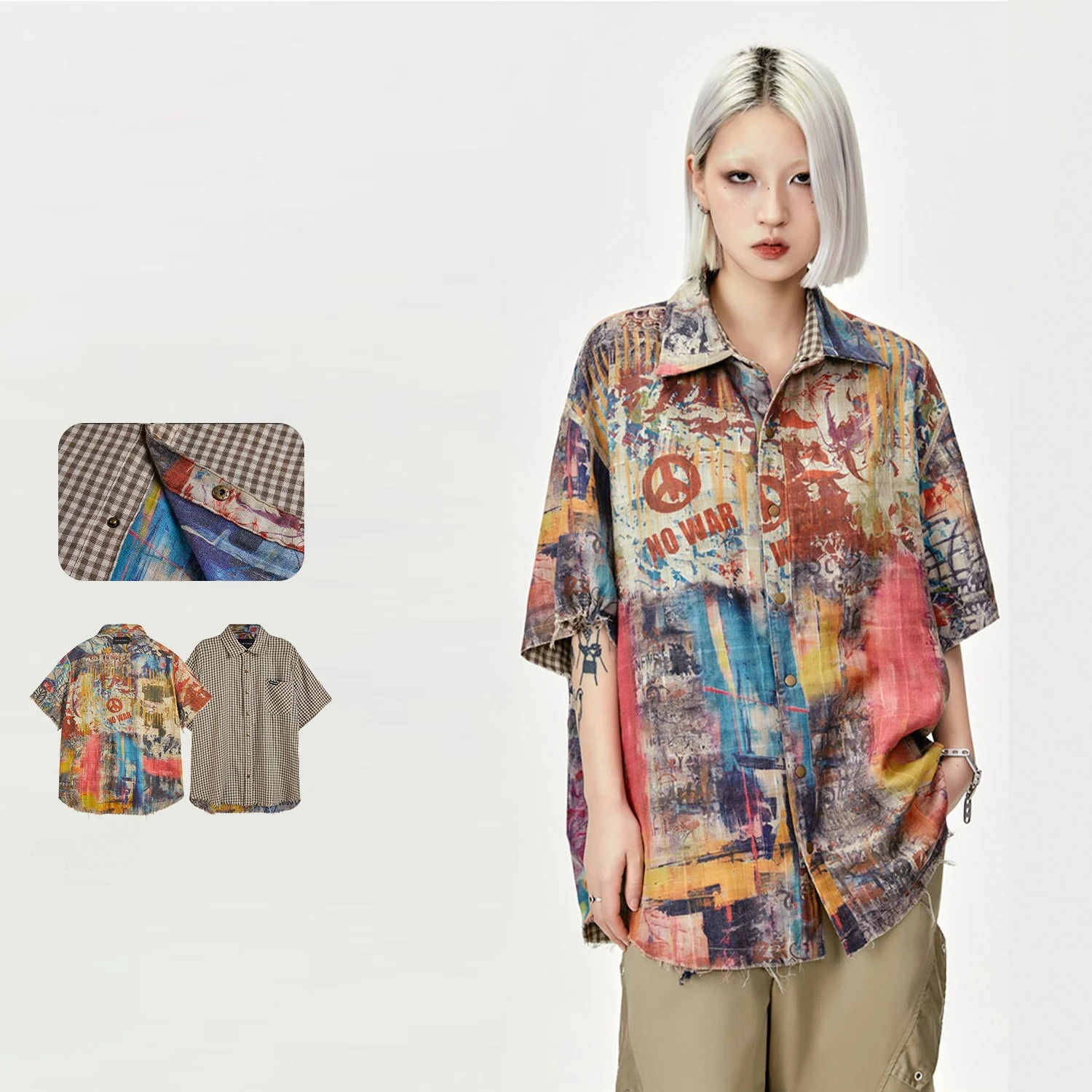 Camicia a maniche corte scozzese double-face retrò. Top ampio — foto 9