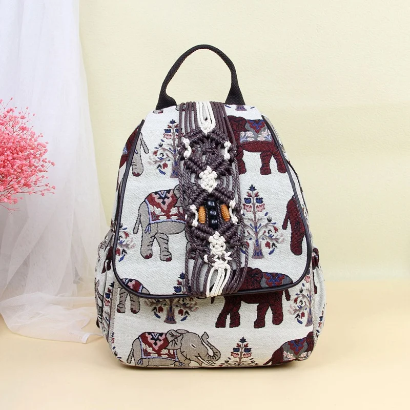 Mochila feminina retrô de algodão e linho com estampa de elefante, zíper de camada dupla. Leve seus pertences com charme e praticidade. — foto 3