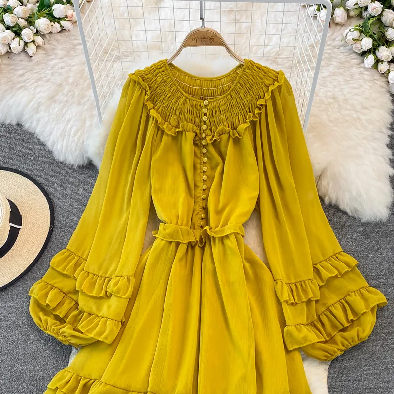 Title 7, Ruffled Lantern Sleeves Round Neck Chiffon Dress