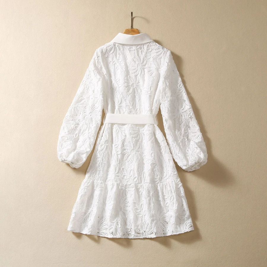 Title 8, Lapel single row bag buckle lantern sleeve dres...