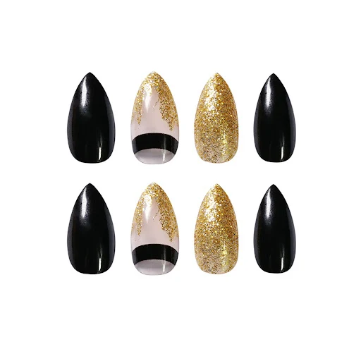 Title 3, Black gold glitter pointed wear nail art finish...