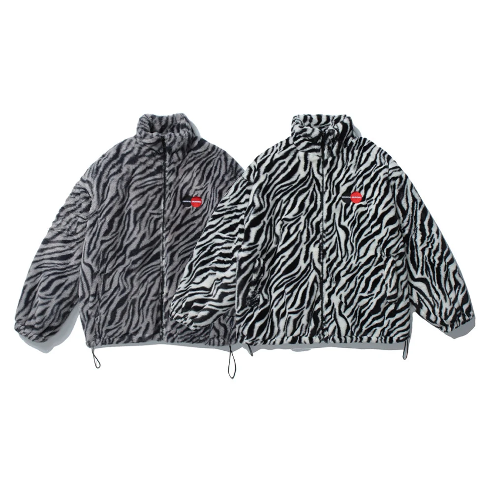 Zebra Print Stand Collar Rabbit Plush Jacket — photo 2