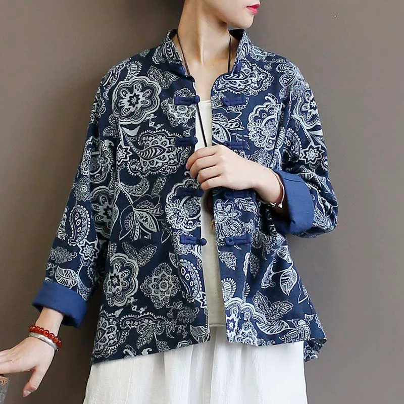Cotton And Linen Jacket Women's Ethnic Blue Calico Cardigan — photo 1