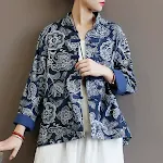 Cotton And Linen Jacket Women's Ethnic Blue Calico Cardigan — photo 1