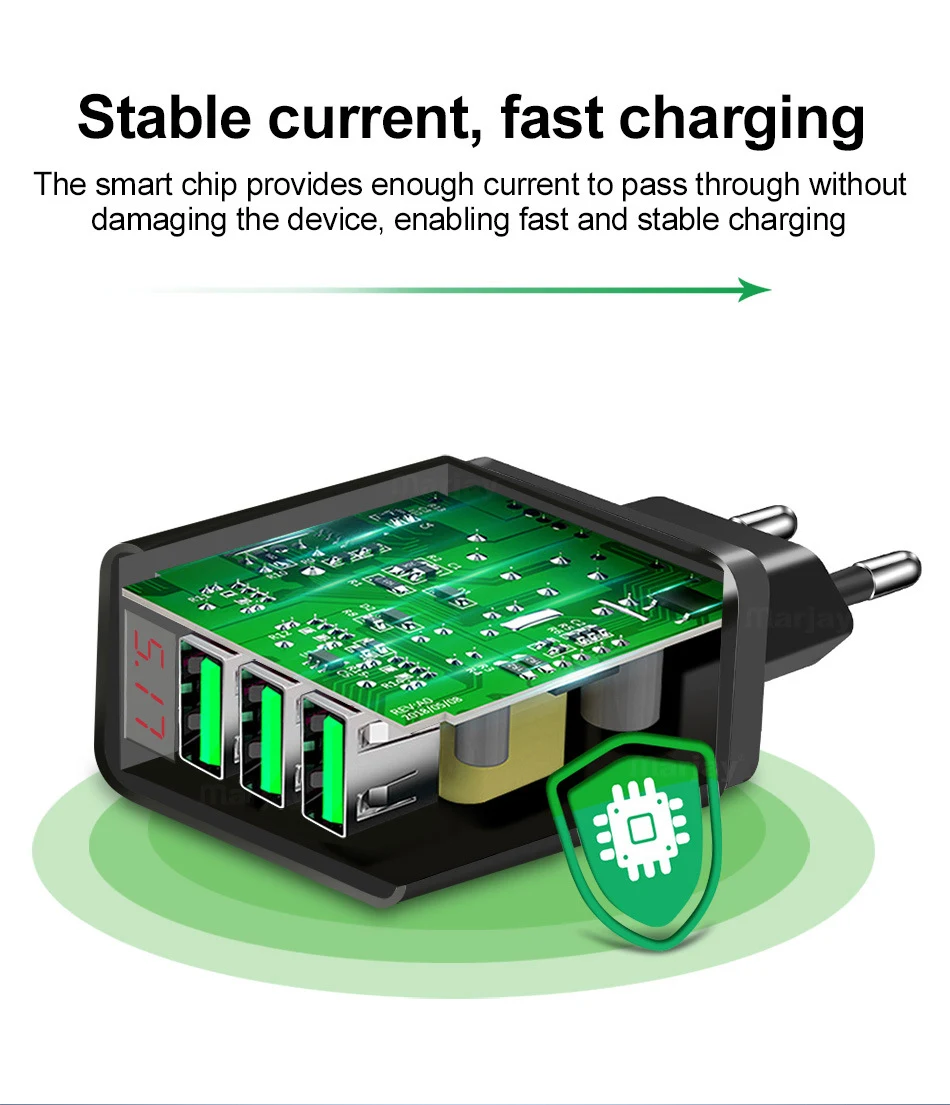 Title 4, Carregador USB LED EU de 3 portas 3A com displa...