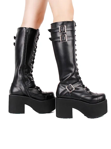 Title 1, Botas Punk com cadarço, zíper e salto alto plat...
