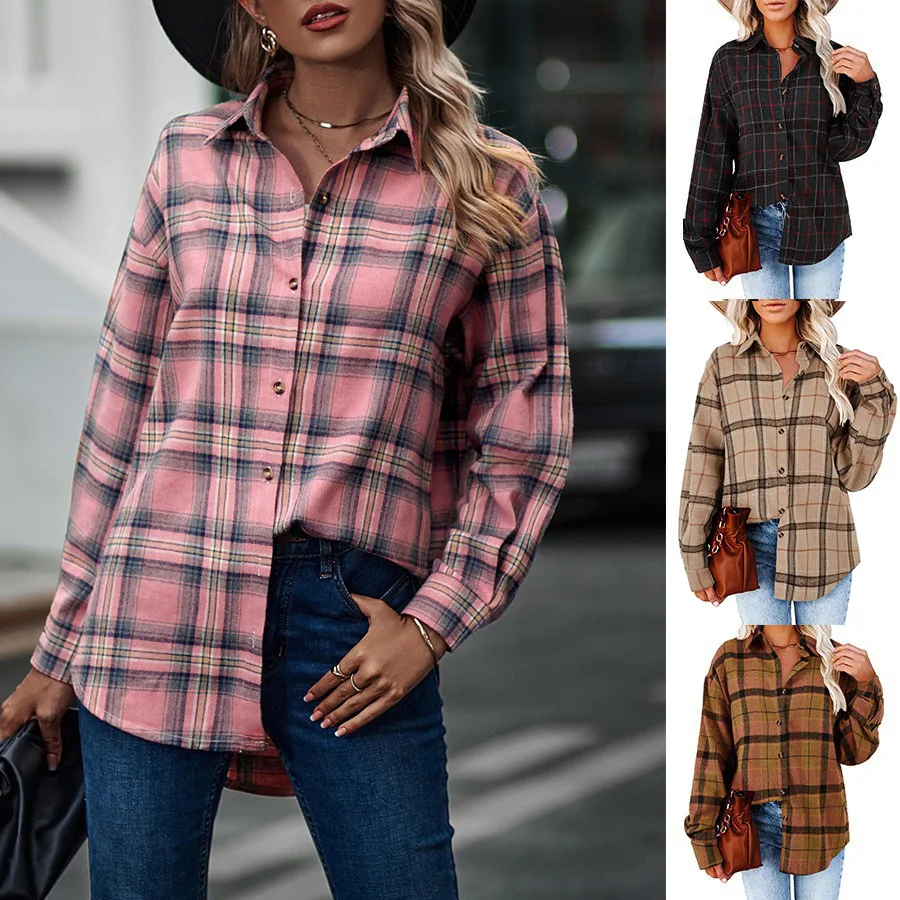 Nieuwe casual losse boyfriend-ruitjesblouse voor dames. Comfortabel en stijlvol voor een relaxte look. Perfect voor dagelijks gebruik. — foto 12