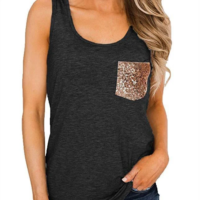 Title 4, Womens Sequined Pocket Round Neck Solid Color ...