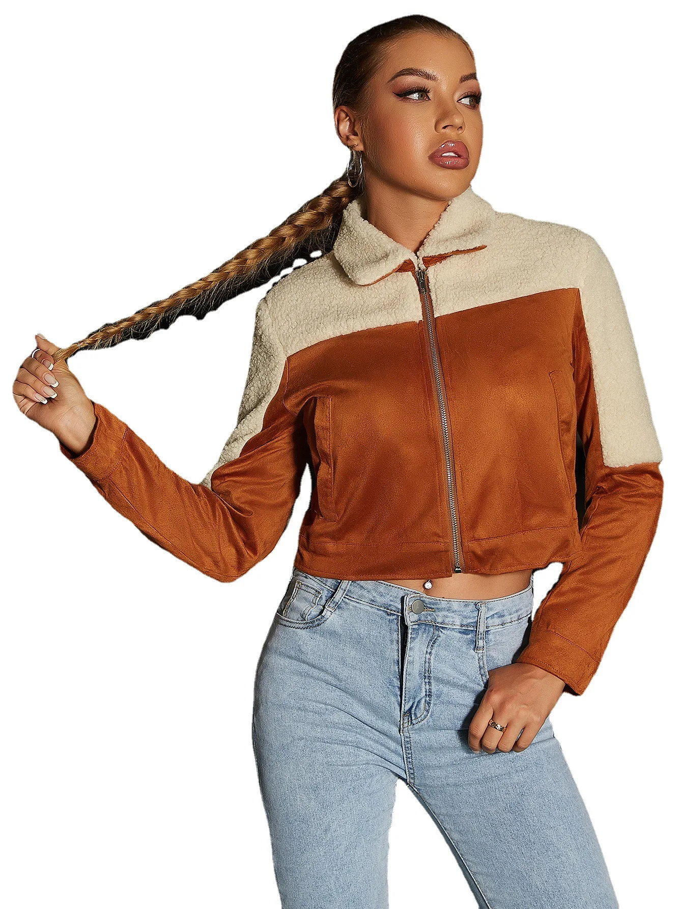 Lapel long-sleeved suede short coat for a stylish and warm look. A versatile coat perfect for autumn and winter. An esse — photo 3