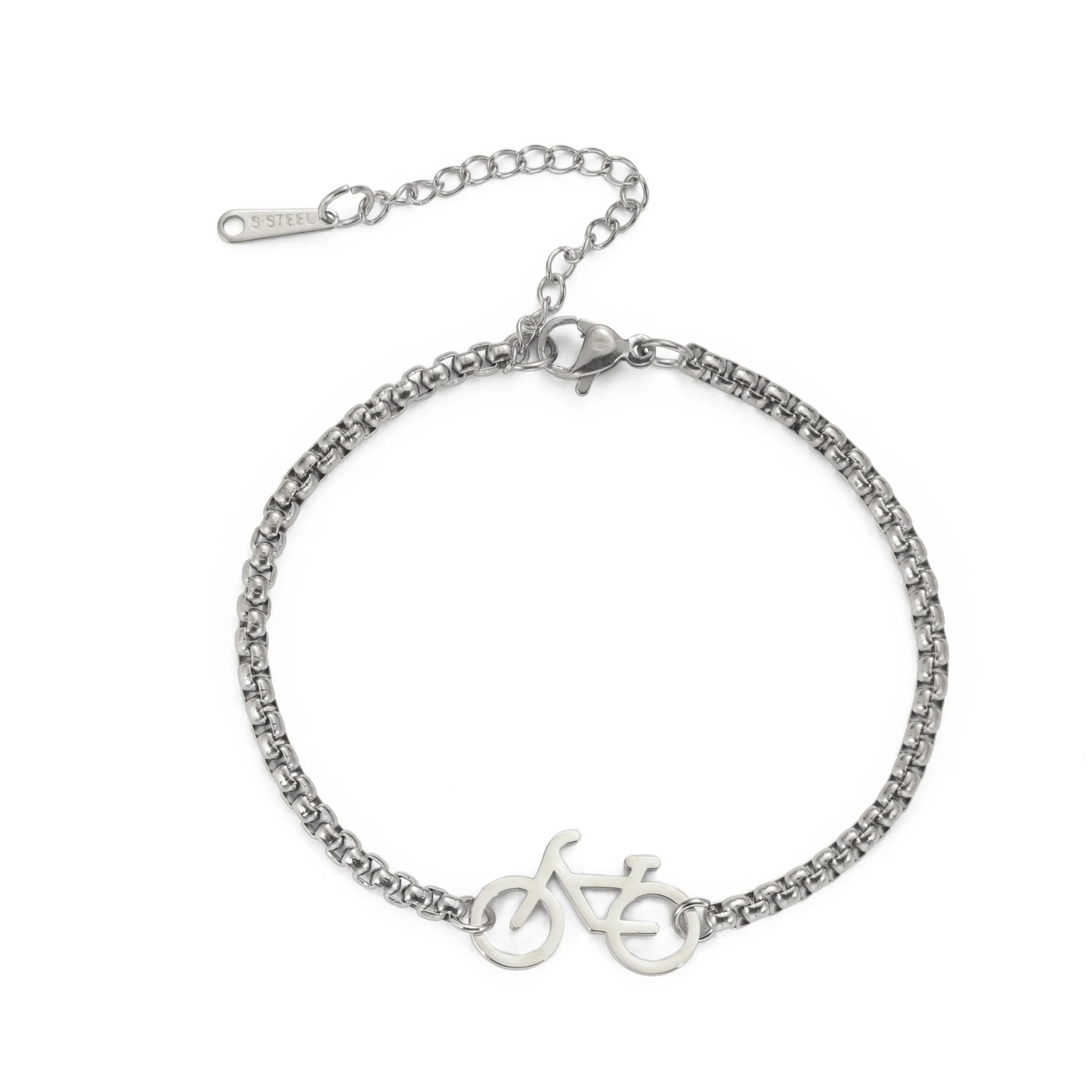 Pulseira de aço inoxidável com pingente de bicicleta pequena, vazada e personalidade. Aço titânio simples e corte especial. Perfeita para ciclistas. — foto 1