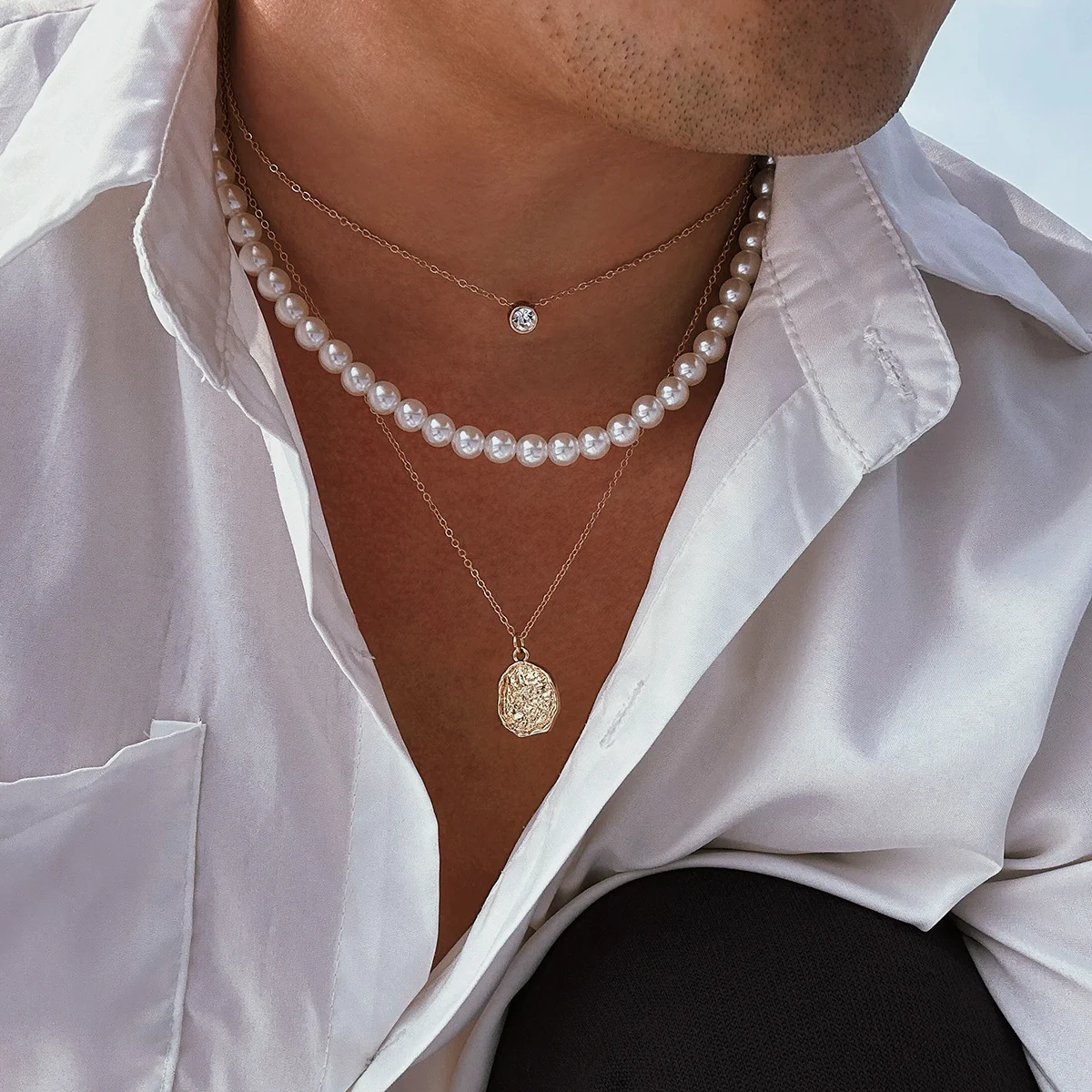 Title 5, Conjunto masculino de colar de pérolas e strass...