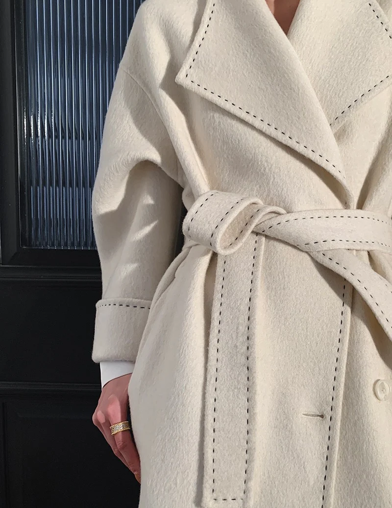 Long Fur Lapel Extended Lace-up Double-faced Woolen Overcoat, a warm and stylish wool coat perfect for cold weather. — photo 1