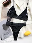 Biquíni liso com tiras e faixa, com design de pequenas listras, ideal para um bronzeado perfeito e conforto na praia ou piscina. — foto 1