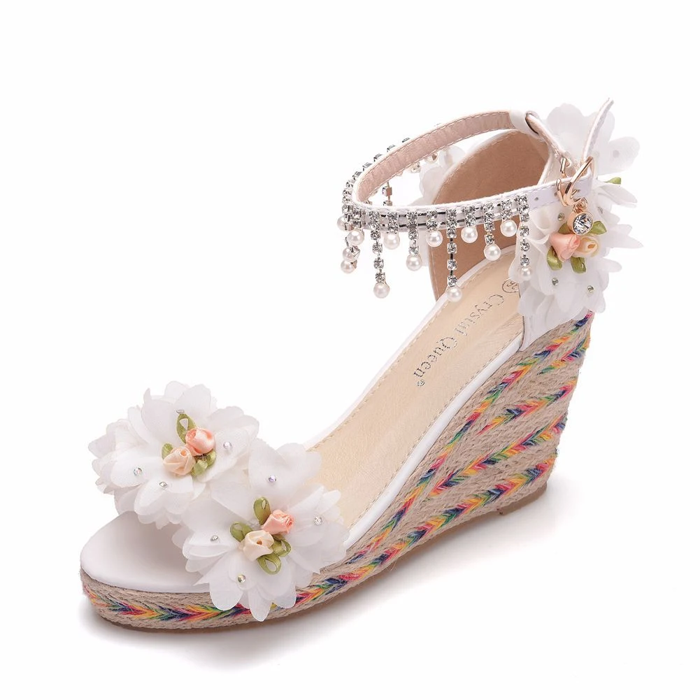 Women's 9Cm White Flower Fish Mouth Wedge Sandals, one size, White Trifle design with beaded tassel accents for a stylis — photo 2