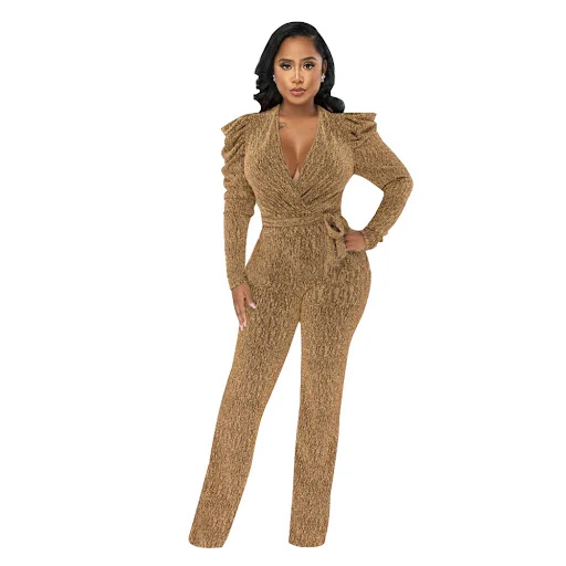 Title 11, Sexy Waist Trimming V-neck Puff Sleeve Glossy K...