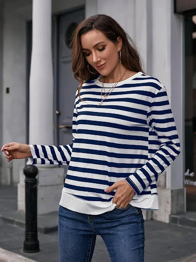 Title 14, Striped Print T-shirt Round Neck Pullover Color...