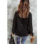 Black ripped denim long sleeve coat jacket for women. Stylish and versatile outerwear, perfect for a casual yet fashiona — photo 2