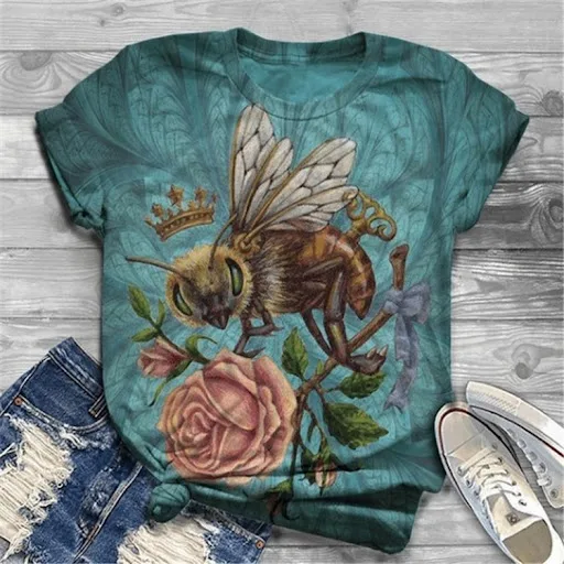 Title 2, Bee Print Casual Round Neck Loose Short Sleeve ...