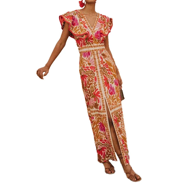 Title 3, Womens Retro Printed V-neck High Waist Slim Dress