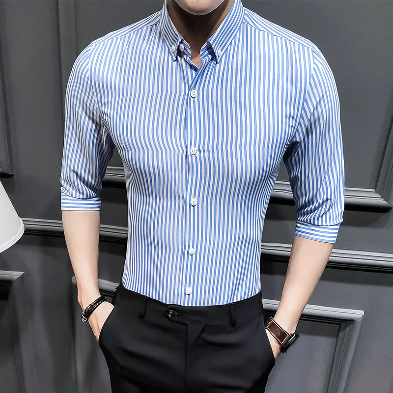 Camisa listrada de manga curta masculina, estilo de verão, slim fit, casual, leve e fresca para o calor, ideal para o dia a dia. — foto 5