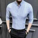 Camisa listrada de manga curta masculina, estilo de verão, slim fit, casual, leve e fresca para o calor, ideal para o dia a dia. — foto 5