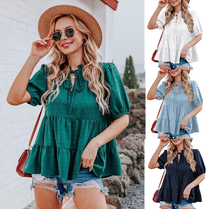 Title 3, V Neck Lace Puff Sleeve Cake Layer Loose Top Wo...