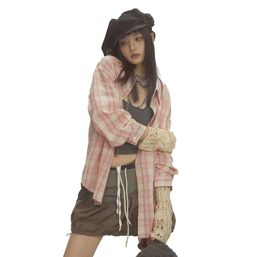 Title 6, Irregular Pocket Personality Design Loose Plaid...