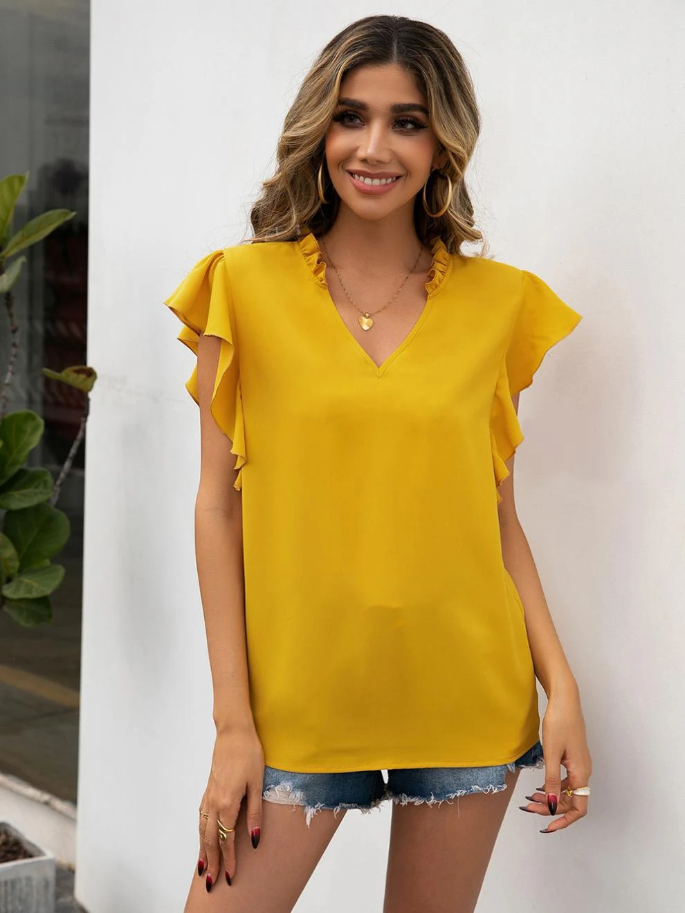 Title 7, Solid Color Fungus Collar Short Sleeve Shirt