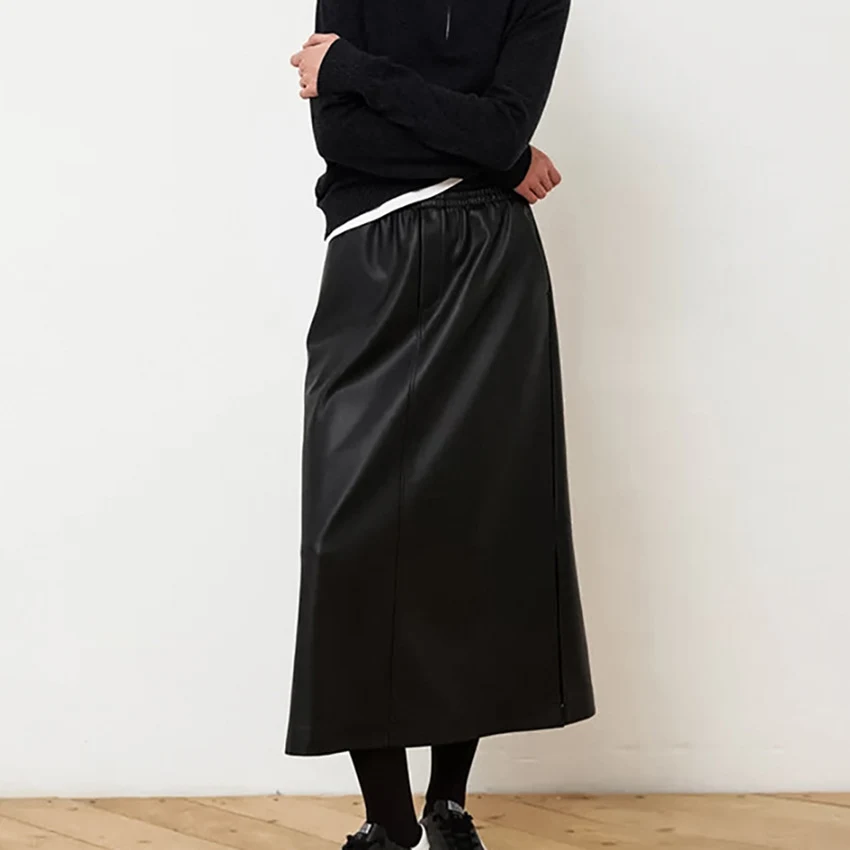 Saia de couro feminina outono inverno, cintura elástica, corte em A, perfeita para um visual elegante e confortável em diversas ocasiões. — foto 4
