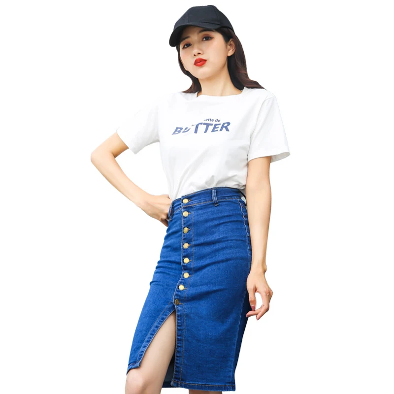 Title 5, Womens single-breasted stretch denim skirt, of...