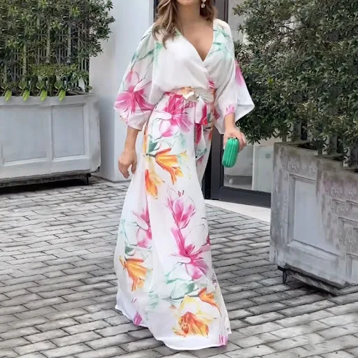 Title 3, Batwing Sleeve Lace Printing Loose Dress Women