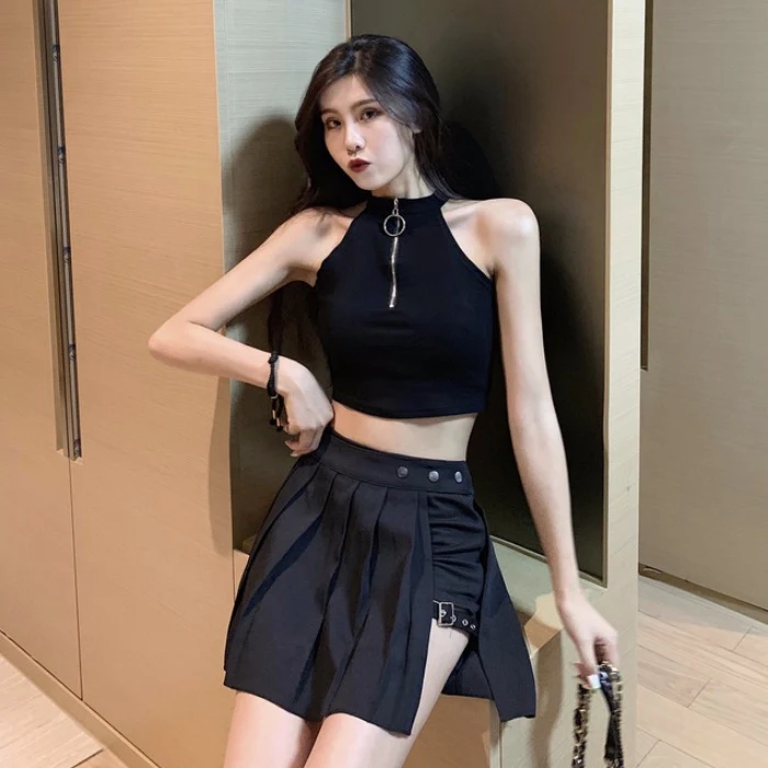 Title 3, Dark pleated skirt with leg loops, combining st...