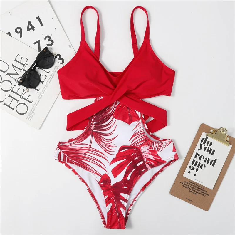 Title 4, Ladies Tight One-piece Swimsuit with Leaf Prin...