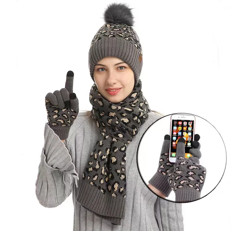 Title 6, Winter Leopard Print Warm Knitted Wool Hat Scar...