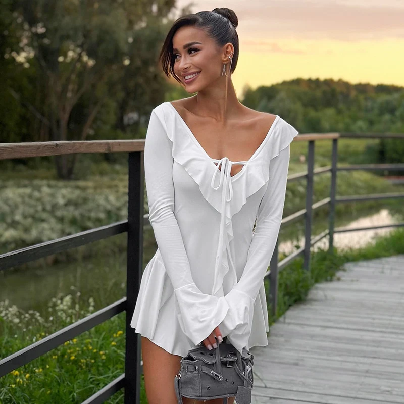 Title 4, Ruffled Pointed Collar Rope Bell Sleeve Dress