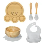 Baby Sucker Bamboo Bowl Set mit Fächern, Esslernlöffel und Silikon-Lätzchen für Babynahrung, praktisches Tischgeschirr — foto 10