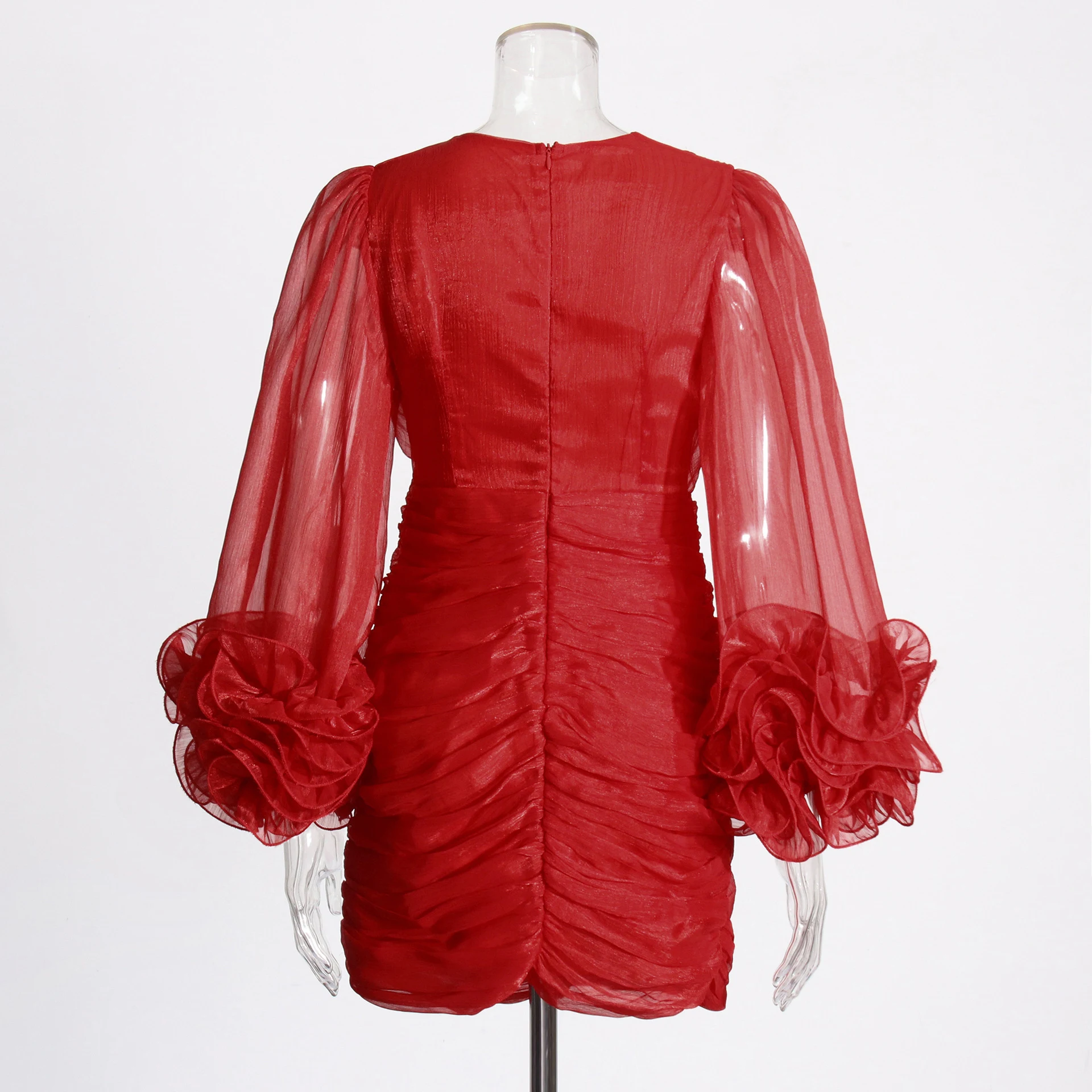 Fall New V-neck Three-dimensional Flower Pleated Dress Women — photo 6