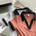 V-collar Contrast Color Hot Girl Polo Shirt Short Slim T-shirt Top — photo 11