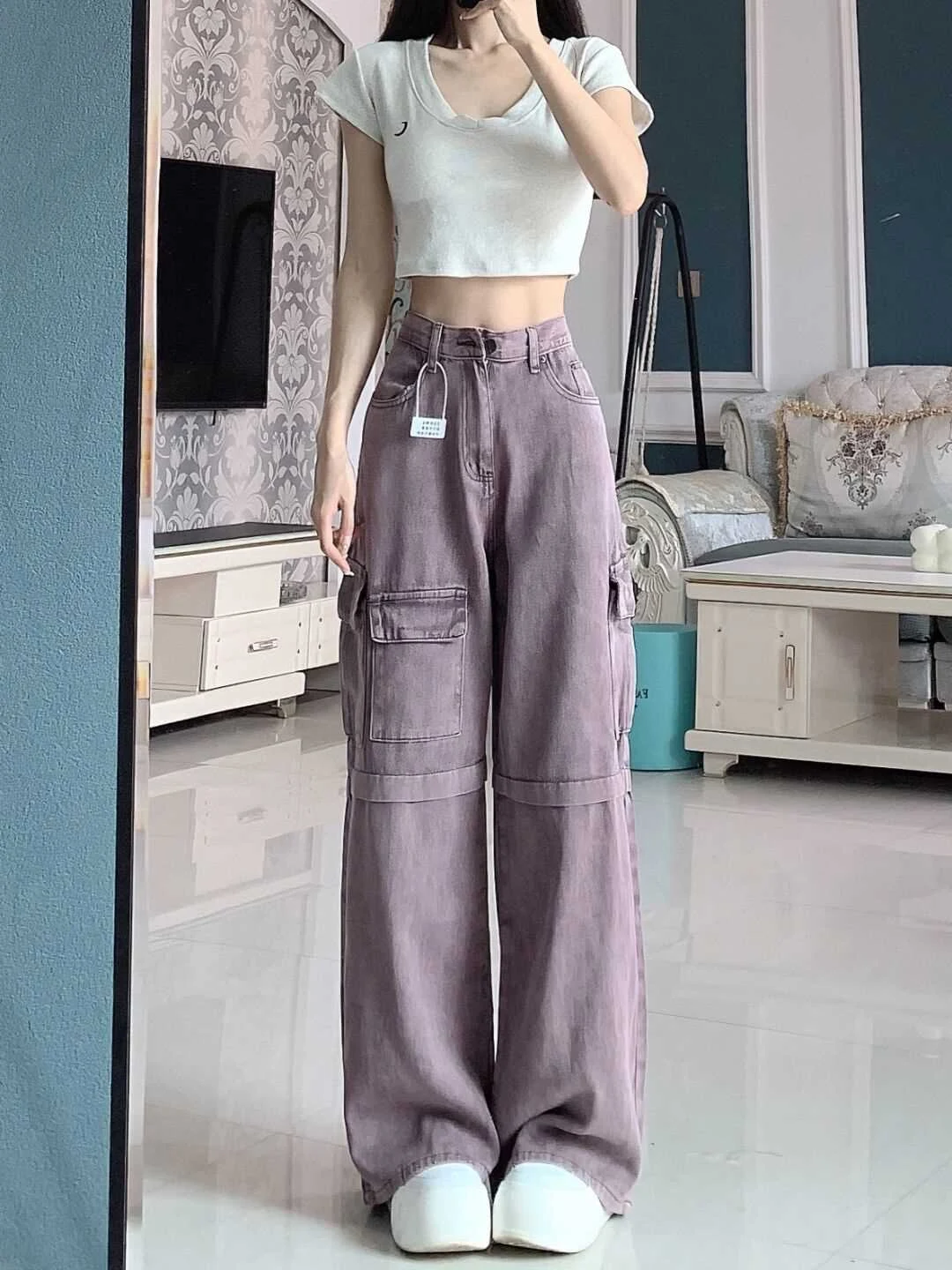 Retro paarse cargobroek voor dames wijde pasvorm comfortabele broek met veel zakken voor een casual, trendy vintage look. — foto 4
