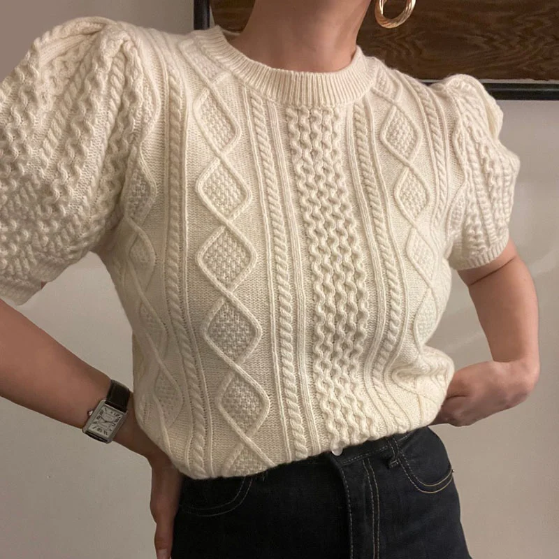 Title 2, Womens Puff Sleeve Short Knitted Sweater