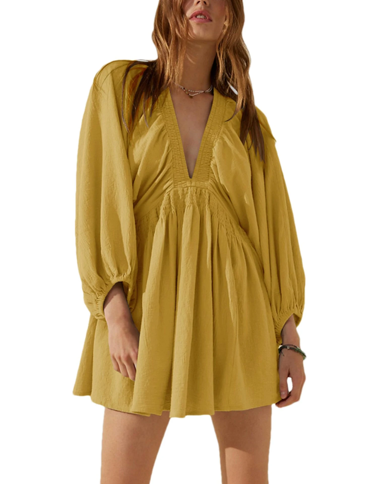 V-neck long sleeve smocking pleated dress offers an elegant and comfortable fit, perfect for any special occasion or eve — photo 6