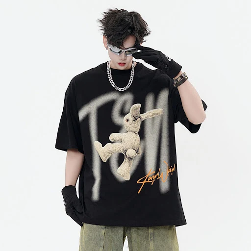 Title 21, Camiseta solta de algodão com estampa de coelho...