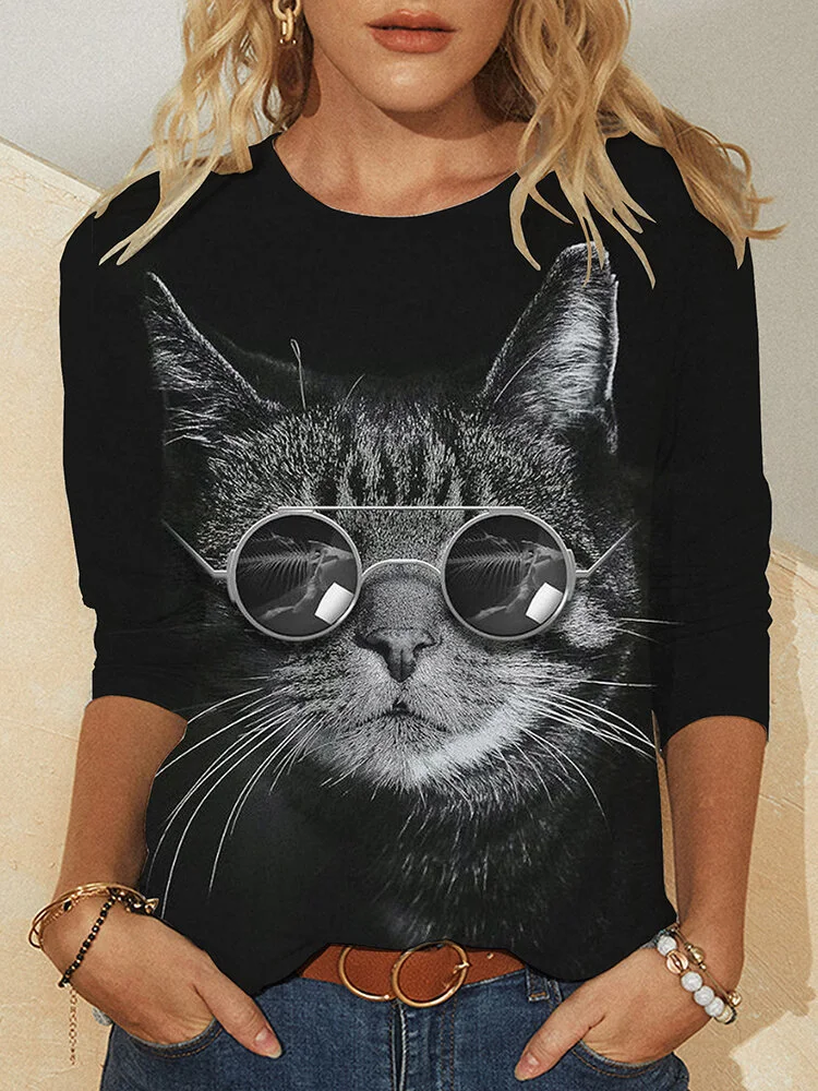 Women's Black Cat Print T-shirt Round Neck Long Sleeve Pullover Amazon Wish Independent Station. Comfortable and stylish — photo 9