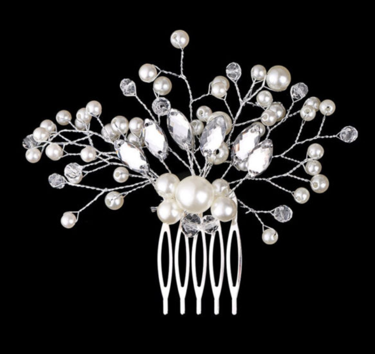 Piranha coreana requintada com pérolas, diamantes e cristais, garfo de cabelo feito à mão, acessório de cabeça nupcial, luxuoso e elegante. — foto 3