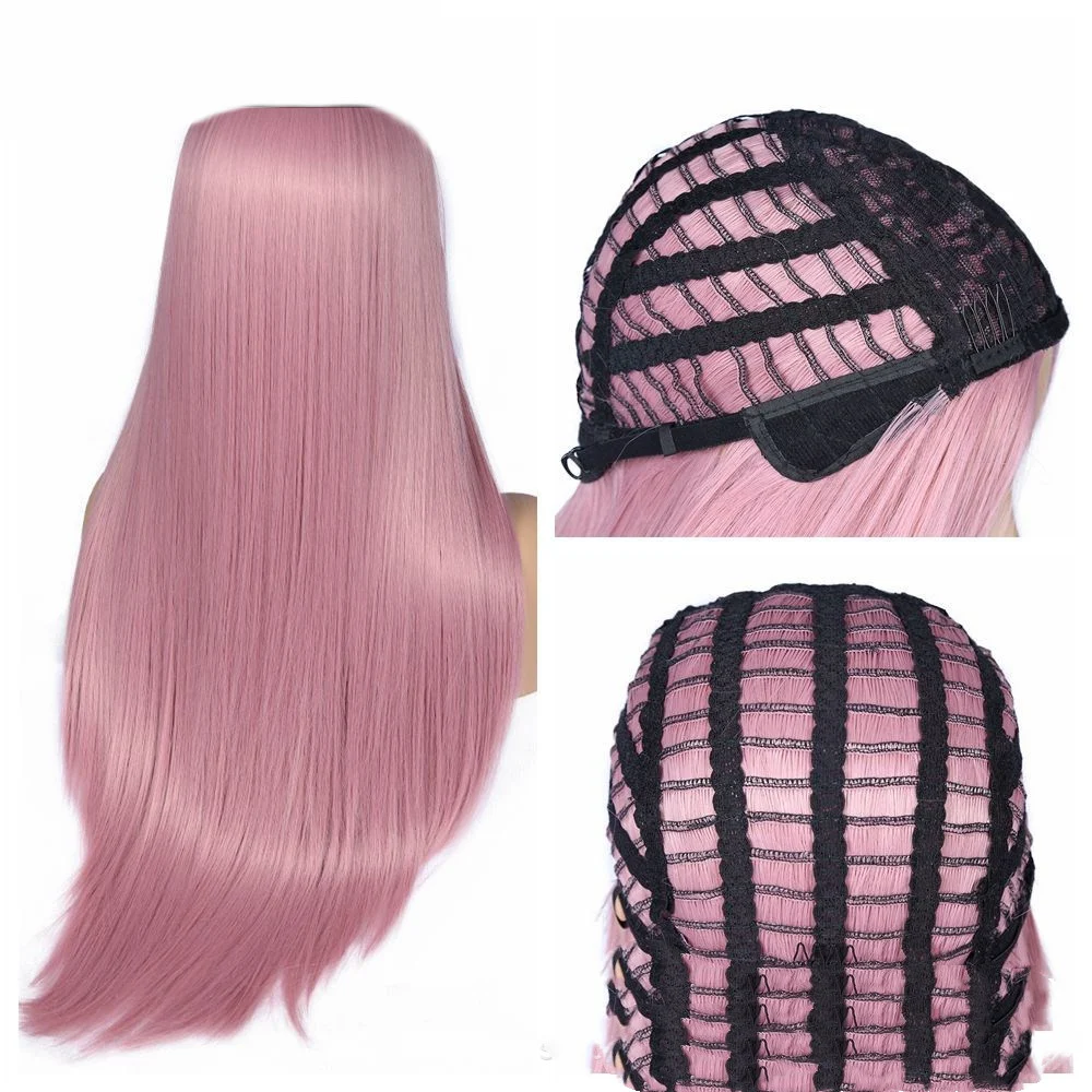 Peruca rosa de fibra química com cabelo liso longo e couro cabeludo dividido. Transforme seu visual com facilidade, estilo e conforto. — foto 3