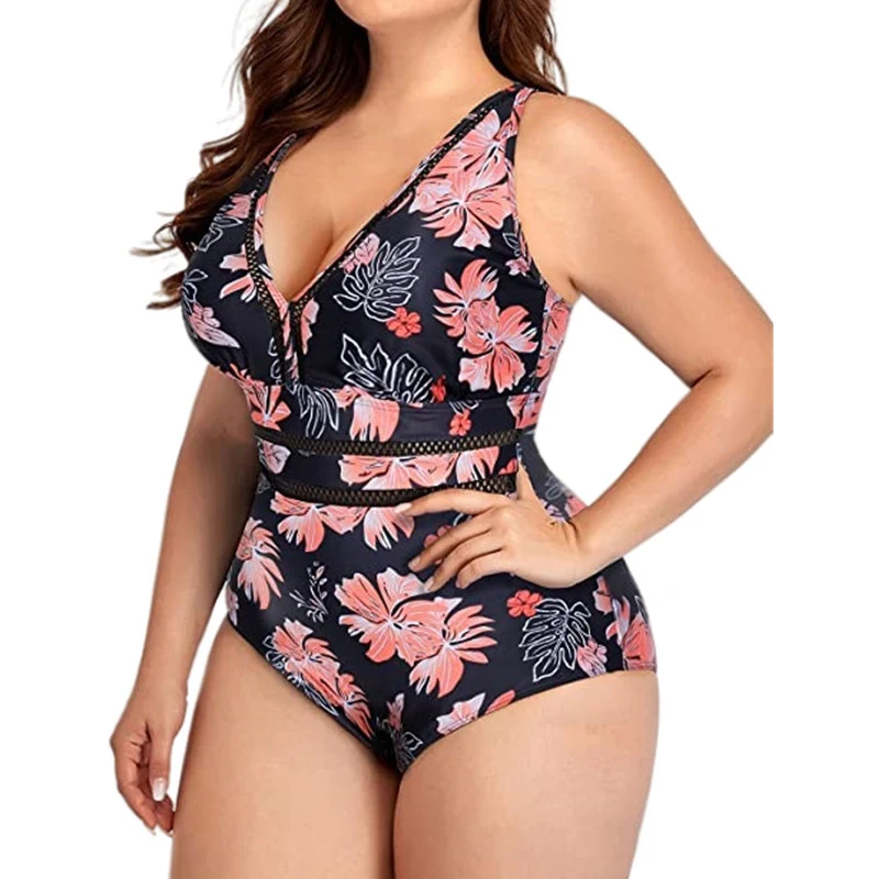 Dames plus size badpak, Siamese mesh stof, stiksels, bedrukt, plus size bikini voor zwemmen en comfort. — foto 9