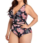 Dames plus size badpak, Siamese mesh stof, stiksels, bedrukt, plus size bikini voor zwemmen en comfort. — foto 9